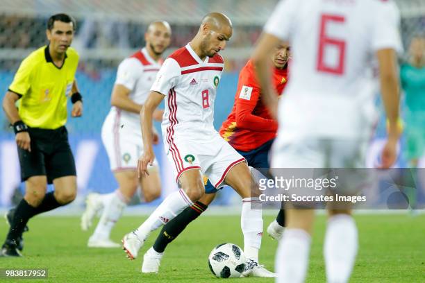 Karim El Ahmadi of Morocco, Rodrigo of Spain during the World Cup match between Spain v Morocco at the Kaliningrad Stadium on June 25, 2018 in...
