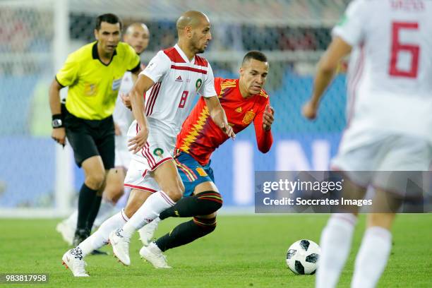 Karim El Ahmadi of Morocco, Rodrigo of Spain during the World Cup match between Spain v Morocco at the Kaliningrad Stadium on June 25, 2018 in...
