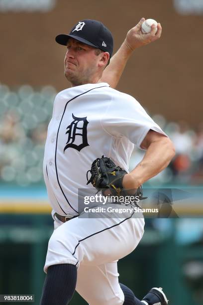 Jordan Zimmermann of the Detroit Tigers throws a first inning pitch while playing the Oakland Athletics at Comerica Park on June 25, 2018 in Detroit,...