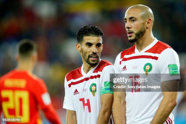 Mbark Boussoufa of Morocco, Nordin Amrabat of Morocco during the World Cup match between Spain v Morocco at the Kaliningrad Stadium on June 25, 2018...