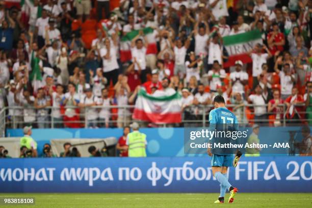 Rashid Mazaheri of IR Iran walks off at the end of the 2018 FIFA World Cup Russia group B match between Iran and Portugal at Mordovia Arena on June...