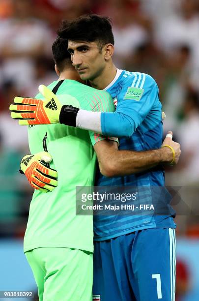 Ali Beiranvand of Iran is consoled by Rui Patricio of Portugal during the 2018 FIFA World Cup Russia group B match between Iran and Portugal at...