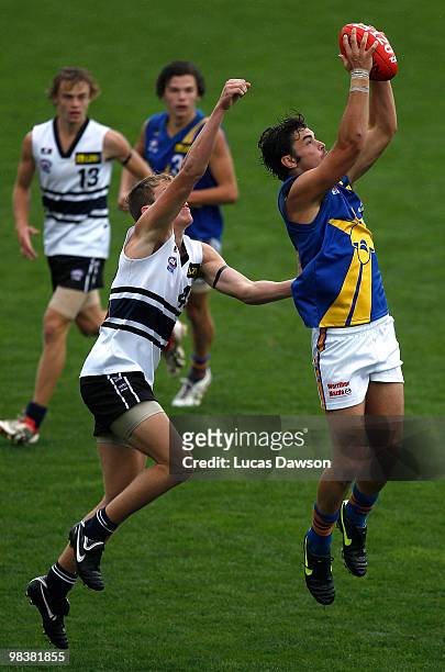 Dylan Conway of the Jets takes a mark during the round three TAC Cup match between Northeren Knights and Western Jets on April 11, 2010 in Melbourne,...