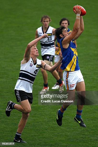 Dylan Conway of the Jets takes a mark during the round three TAC Cup match between Northeren Knights and Western Jets on April 11, 2010 in Melbourne,...