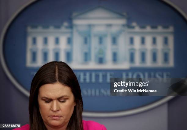 White House press secretary Sarah Huckabee Sanders answers questions during a White House briefing June 25, 2018 in Washington, DC. Sanders answered...