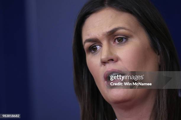 White House press secretary Sarah Huckabee Sanders answers questions during a White House briefing June 25, 2018 in Washington, DC. Sanders answered...