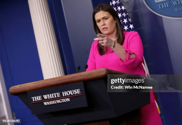 White House press secretary Sarah Huckabee Sanders answers questions during a White House briefing June 25, 2018 in Washington, DC. Sanders answered...