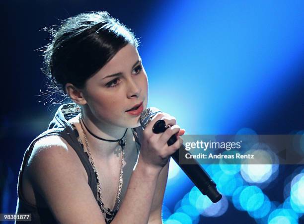 Singer Lena Meyer-Landrut performs during the 'Verstehen Sie Spass?' television show on April 10, 2010 in Halle, Germany.