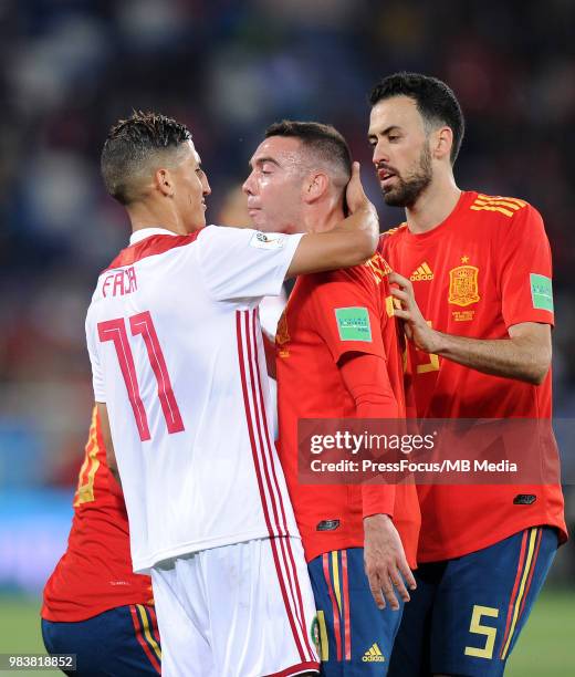 Faycal Fajr of Morocco touching Iago Aspas of Spain during the 2018 FIFA World Cup Russia group B match between Spain and Morocco at Kaliningrad...