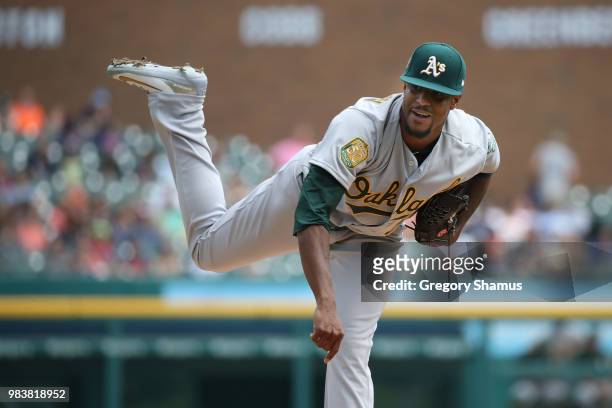 Edwin Jackson of the Oakland Athletics throws a first inning pitch while playing the Detroit Tigers at Comerica Park on June 25, 2018 in Detroit,...