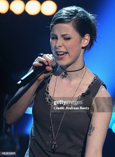 Singer Lena Meyer-Landrut performs during the 'Verstehen Sie Spass?' television show on April 10, 2010 in Halle, Germany.