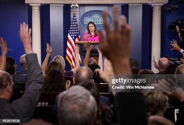 White House press secretary Sarah Huckabee Sanders answers questions during a White House briefing June 25, 2018 in Washington, DC. Sanders answered...