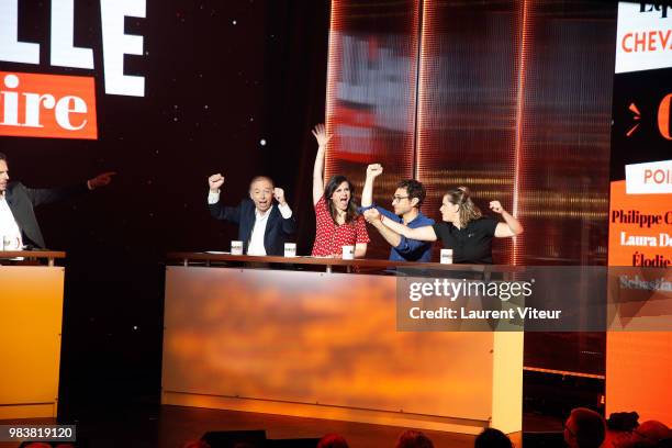 Philippe Chevalier, Laura Domenge, Sebastian Marx and Elodie Poux attend "La Bataille du Rire" TV Show at Theatre de la Tour Eiffel on June 25, 2018...