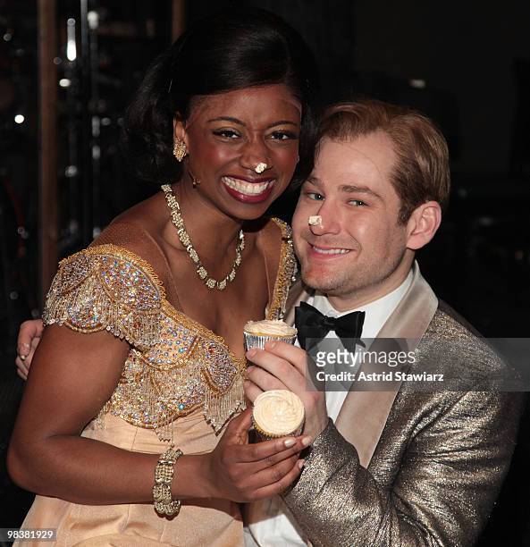 Cast members of 'Memphis' Montego Glover and Chad Kimball attend the celebration following the 200th performance of "Memphis" at Shubert Alley on...