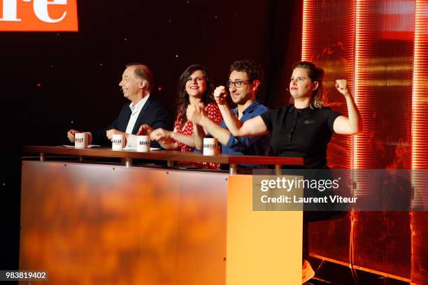 Philippe Chevalier, Laura Domenge, Sebastian Marx and Elodie Poux attend "La Bataille du Rire" TV Show at Theatre de la Tour Eiffel on June 25, 2018...