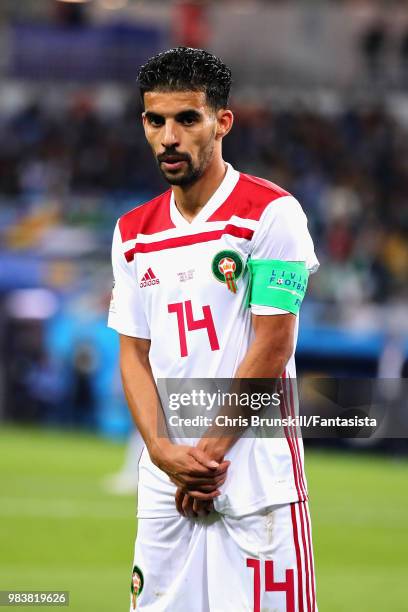 Mbark Boussoufa of Morocco looks on during the 2018 FIFA World Cup Russia group B match between Spain and Morocco at Kaliningrad Stadium on June 25,...