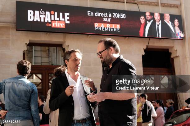 Jerome de Verdiere and Stephane Rose attend "La Bataille du Rire" TV Show at Theatre de la Tour Eiffel on June 25, 2018 in Paris, France.