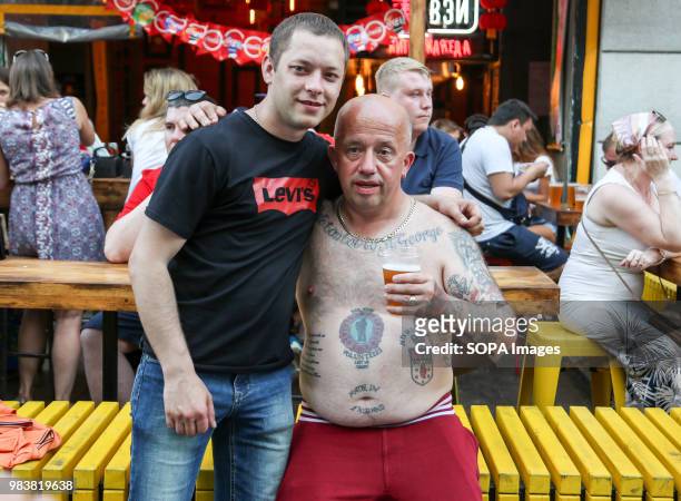 Two English fans seen posing for the picture while watching the England vs Panama match in the fan zone. The FIFA World Cup 2018 is the 21st FIFA...
