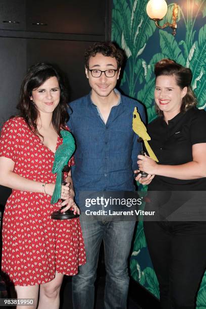 Laura Domenge, Sebastian Marx and Elodie Poux attend "La Bataille du Rire" TV Show at Theatre de la Tour Eiffel on June 25, 2018 in Paris, France.