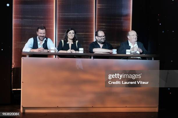 Walter, Sandrine Sarroche, Stephane Rose and Bernard Mabille attend "La Bataille du Rire" TV Show at Theatre de la Tour Eiffel on June 25, 2018 in...