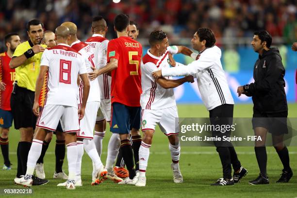 Morocco and Spain players clash during the 2018 FIFA World Cup Russia group B match between Spain and Morocco at Kaliningrad Stadium on June 25, 2018...