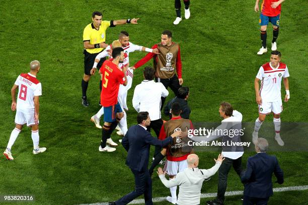 Morocco and Spain players clash during the 2018 FIFA World Cup Russia group B match between Spain and Morocco at Kaliningrad Stadium on June 25, 2018...