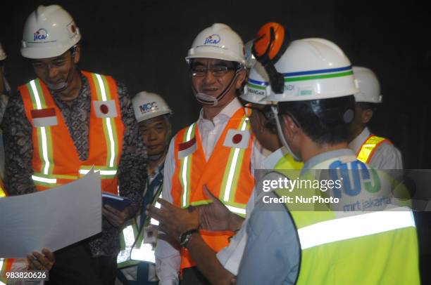 The minister of foreign Affairs of Japan, Taro Kono visit to the project of drilling a tunnel for the mass rapid transit Station Bunderan HI, Jakarta...