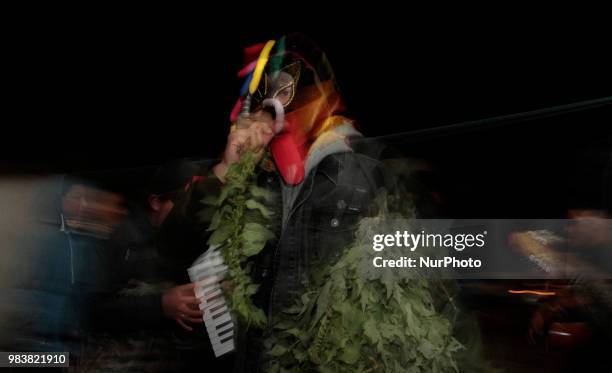 People celebrate The Inti Raymi in Peguche, Imbabura, Ecuador on 24th June 2018. Every June 21 the summer solstice is registered. In the Ecuadorian...