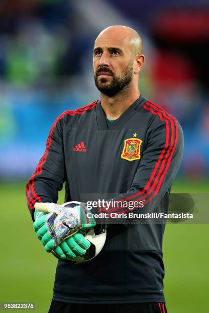 Pepe Reina of Spain prepares before the 2018 FIFA World Cup Russia group B match between Spain and Morocco at Kaliningrad Stadium on June 25, 2018 in...