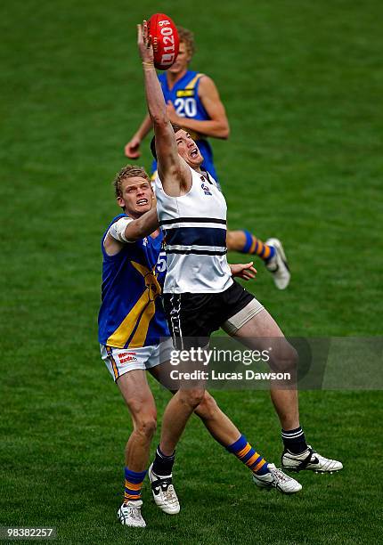 Darcy Barden of the Knights attempts a mark during the round three TAC Cup match between Northeren Knights and Western Jets on April 11, 2010 in...