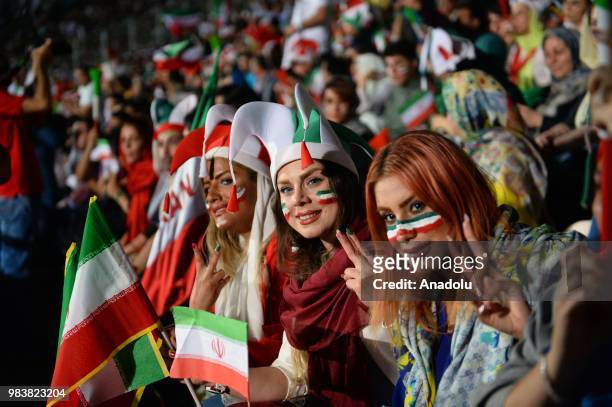 Fans gather for a public viewing event at Azadi Stadium in Tehran, Iran on June 25 to watch the 2018 FIFA World Cup Russia Group B match between Iran...