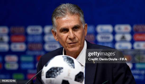 Carlos Queiroz, Head coach of Iran atttends the post match press conference following the 2018 FIFA World Cup Russia group B match between Iran and...