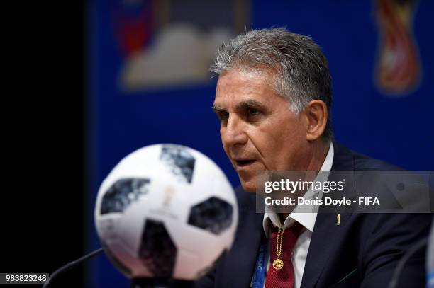 Carlos Queiroz, Head coach of Iran atttends the post match press conference following the 2018 FIFA World Cup Russia group B match between Iran and...