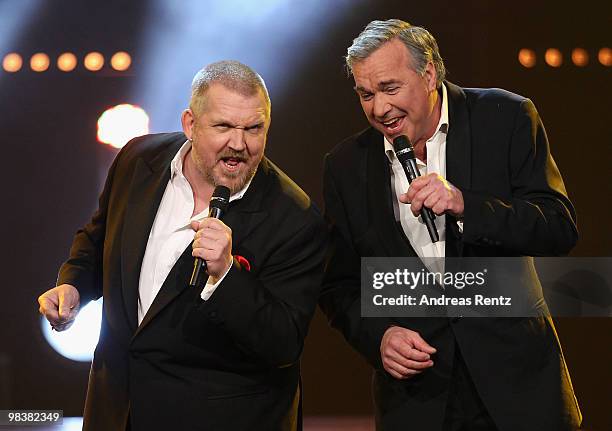 Actor and singer Dietmar Baer and singer Stefan Gwildis perform during the 'Verstehen Sie Spass?' television show on April 10, 2010 in Halle,...