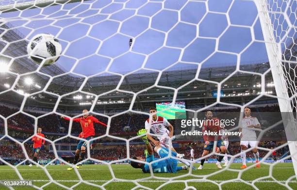 Isco of Spain scores his team's first goal during the 2018 FIFA World Cup Russia group B match between Spain and Morocco at Kaliningrad Stadium on...