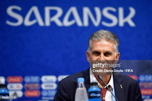 Carlos Queiroz, Head coach of Iran atttends the post match press conference following the 2018 FIFA World Cup Russia group B match between Iran and...