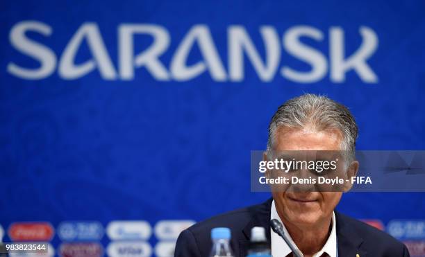 Carlos Queiroz, Head coach of Iran atttends the post match press conference following the 2018 FIFA World Cup Russia group B match between Iran and...