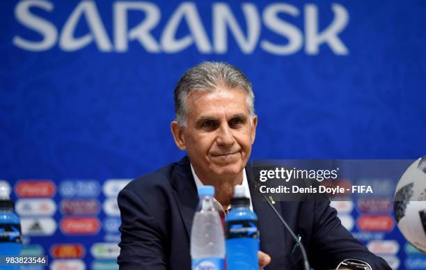 Carlos Queiroz, Head coach of Iran atttends the post match press conference following the 2018 FIFA World Cup Russia group B match between Iran and...