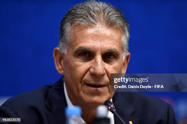 Carlos Queiroz, Head coach of Iran atttends the post match press conference following the 2018 FIFA World Cup Russia group B match between Iran and...