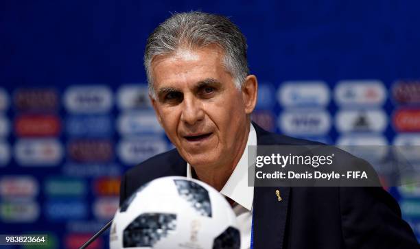 Carlos Queiroz, Head coach of Iran atttends the post match press conference following the 2018 FIFA World Cup Russia group B match between Iran and...