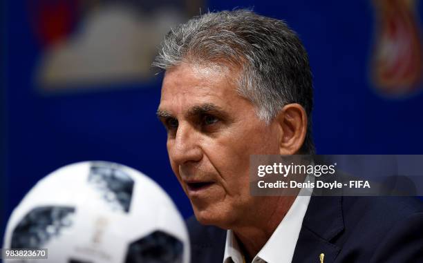 Carlos Queiroz, Head coach of Iran atttends the post match press conference following the 2018 FIFA World Cup Russia group B match between Iran and...