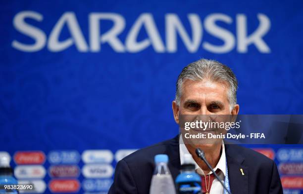 Carlos Queiroz, Head coach of Iran atttends the post match press conference following the 2018 FIFA World Cup Russia group B match between Iran and...