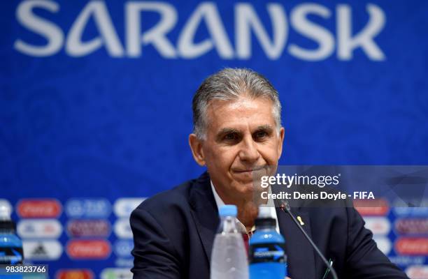 Carlos Queiroz, Head coach of Iran atttends the post match press conference following the 2018 FIFA World Cup Russia group B match between Iran and...