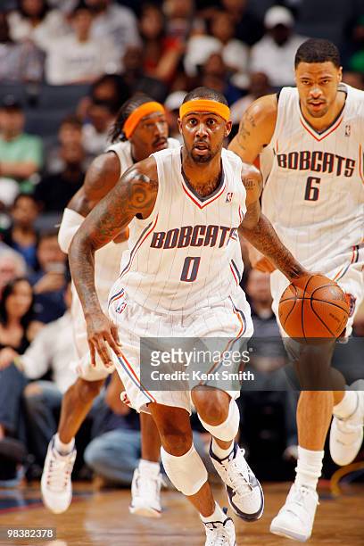 Larry Hughes of the Charlotte Bobcats drives toward the basket against the Detroit Pistons on April 10, 2010 at the Time Warner Cable Arena in...