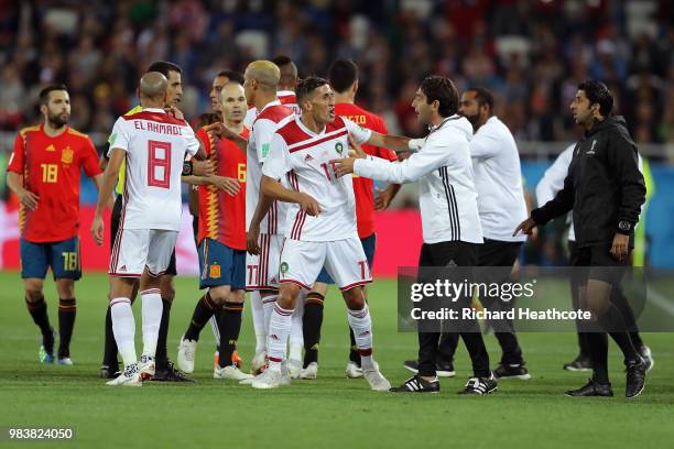 Faycal Fajr of Morocco confronts the Spain bench after a VAR review leads to a goal by Iago Aspas of Spain being awarded during the 2018 FIFA World...