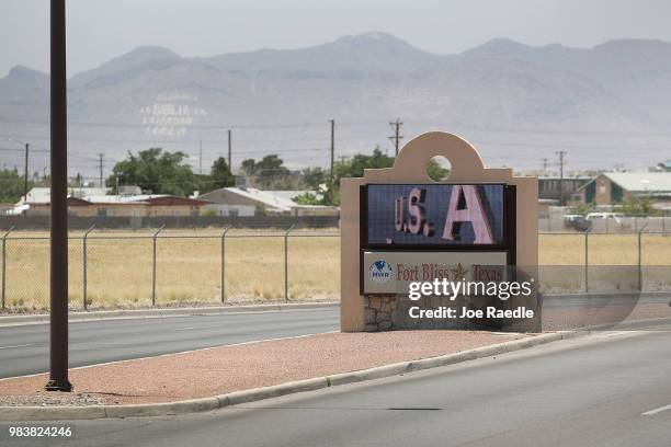 An entrance to Fort Bliss is shown as reports indicate the military will begin to construct temporary housing for migrants on June 25, 2018 in Fort...