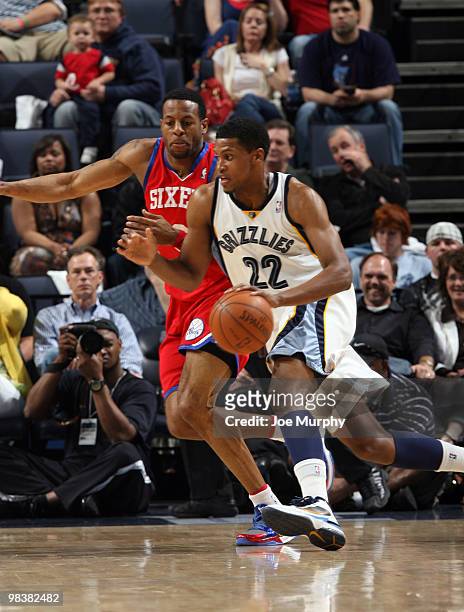 Rudy Gay of the Memphis Grizzlies drives against Andre Iquodala of the Philadelphia 76ers on April 10, 2010 at FedExForum in Memphis, Tennessee. NOTE...