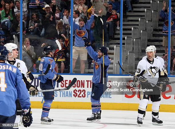 Clarke MacArthur of the Atlanta Thrashers celebrates with teammate Bryan Little after Little scores a second period goal against against the...