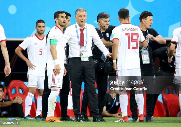 Coach of Iran Carlos Queiroz among his players during the 2018 FIFA World Cup Russia group B match between Iran and Portugal at Mordovia Arena on...