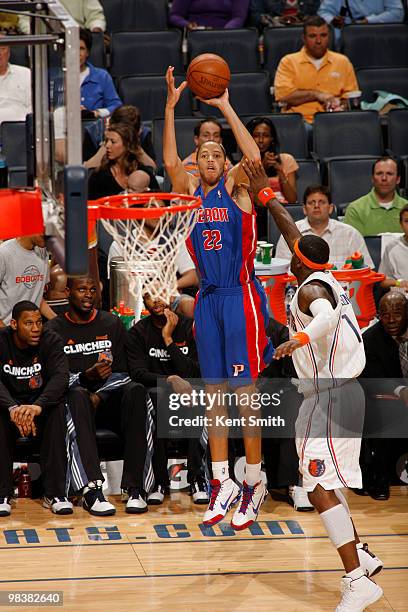 Stephen Jackson of the Charlotte Bobcats blocks against Tayshaun Prince of the Detroit Pistons on April 10, 2010 at the Time Warner Cable Arena in...